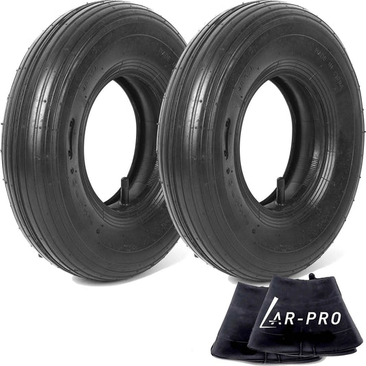 ✝️ (2 sets) 4.00-6 replacement pneumatic tires and inner tubes - universal fit 13” tires shown with ribbed treads and tr13 valve stems.