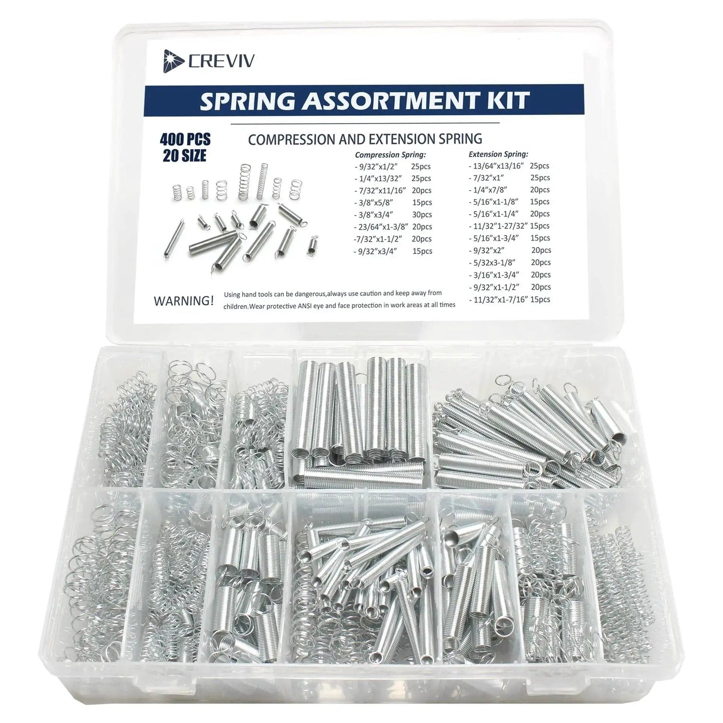 Spring Bundle Kit With 400 Pieces Across 20 Sizes Of Compression And Extension Springs Zinc Plated Steel in labeled case