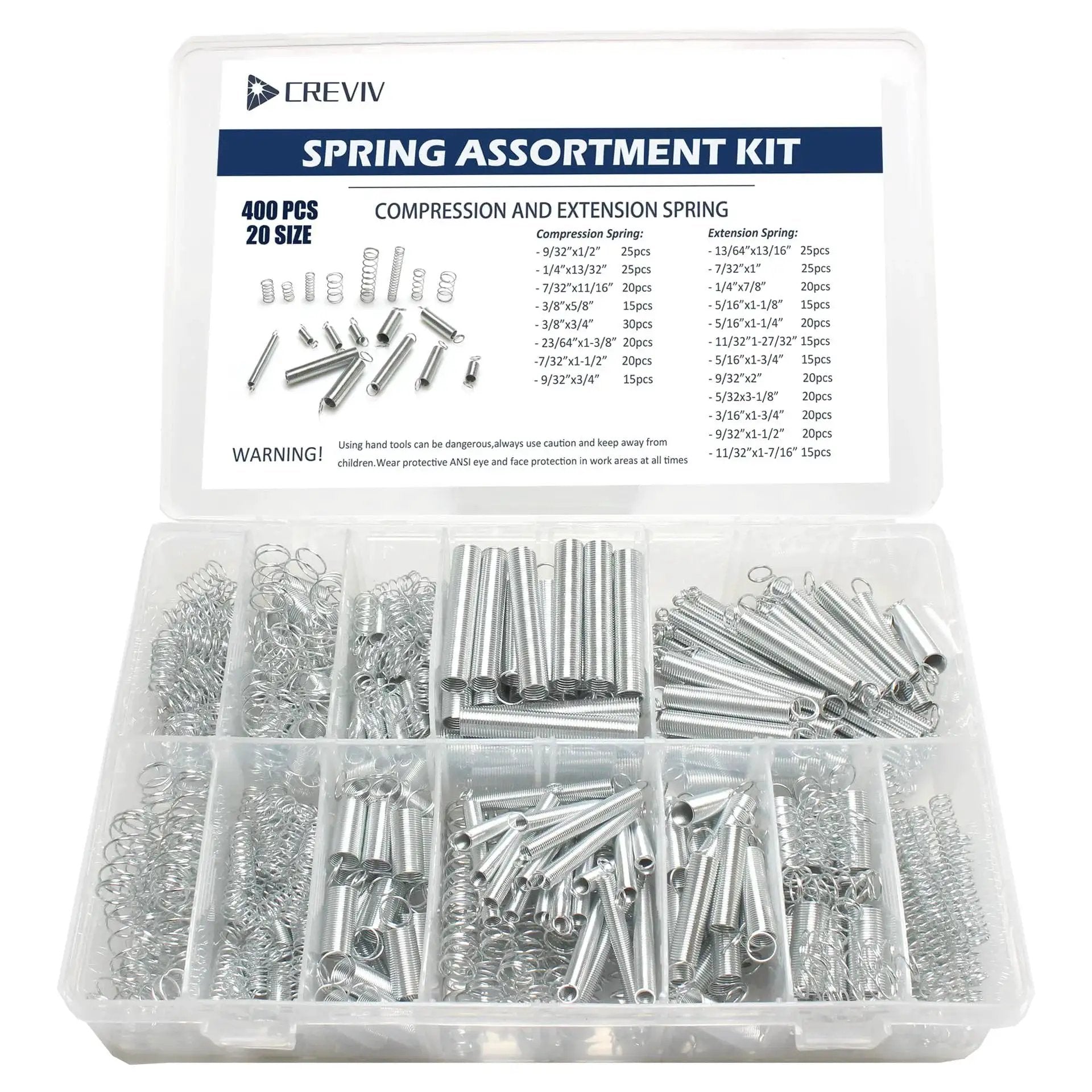 Spring Bundle Kit With 400 Pieces Across 20 Sizes Of Compression And Extension Springs Zinc Plated Steel in labeled case