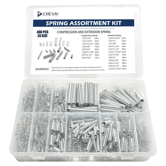 Spring Bundle Kit With 400 Pieces Across 20 Sizes Of Compression And Extension Springs Zinc Plated Steel in labeled case
