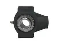 Front view of 3/4 in (19.05 mm) sealed ball bearing take-up unit, stainless inner ring, set-screw locking, black polymer TPL204 housing.