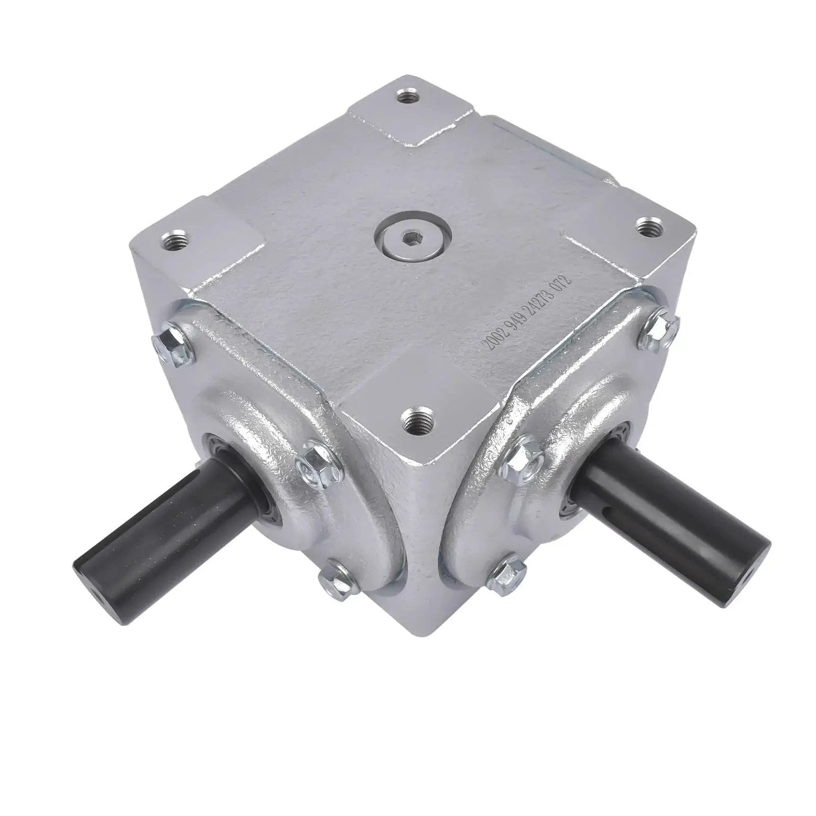 Beefy 40 HP Right Angle Bevel Gearbox With 2 Keyed Shafts 1 To 1 Cast Iron, front view showing 1-inch shafts and durable cast iron housing.