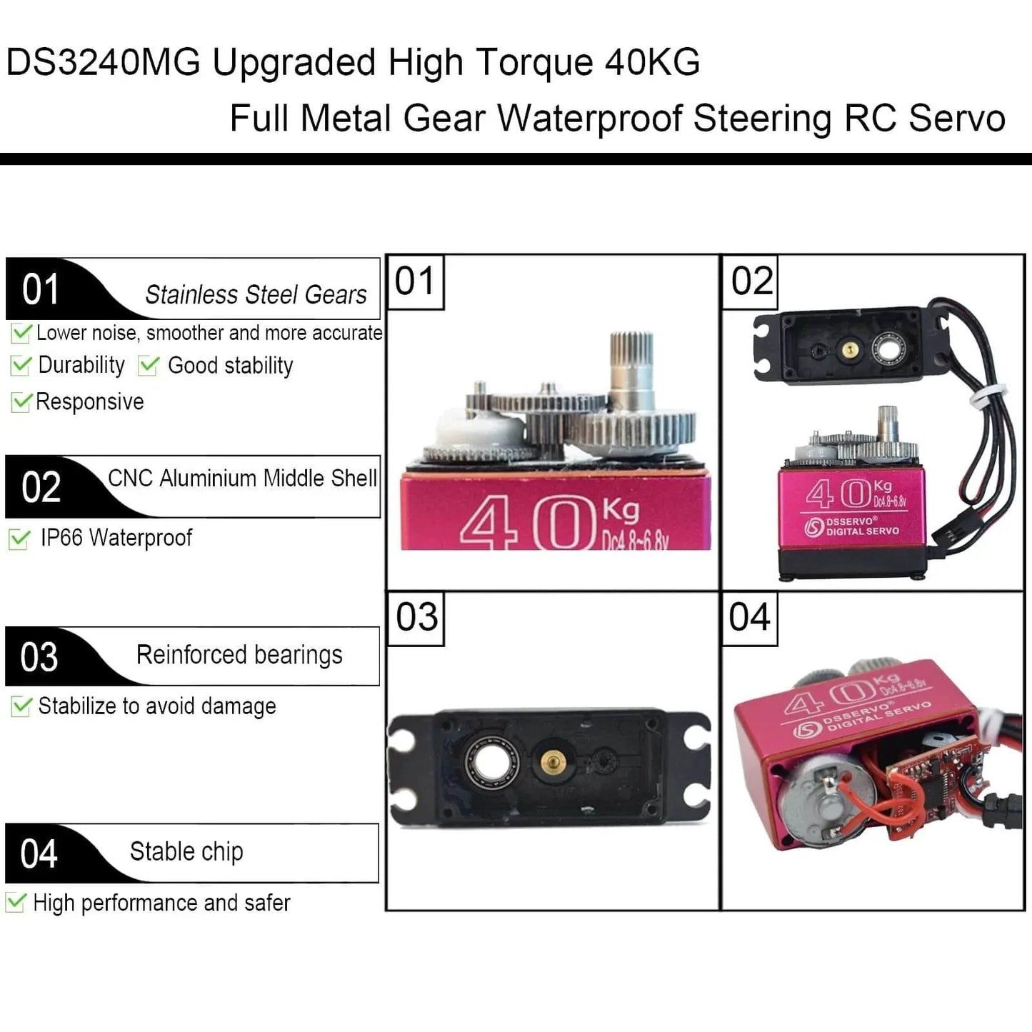 2 Pack High Torque 40KG Digital Servo, DS3240MG Full Metal Stainless Steel Gear Waterproof Steering RC Servo shown with gear details and features