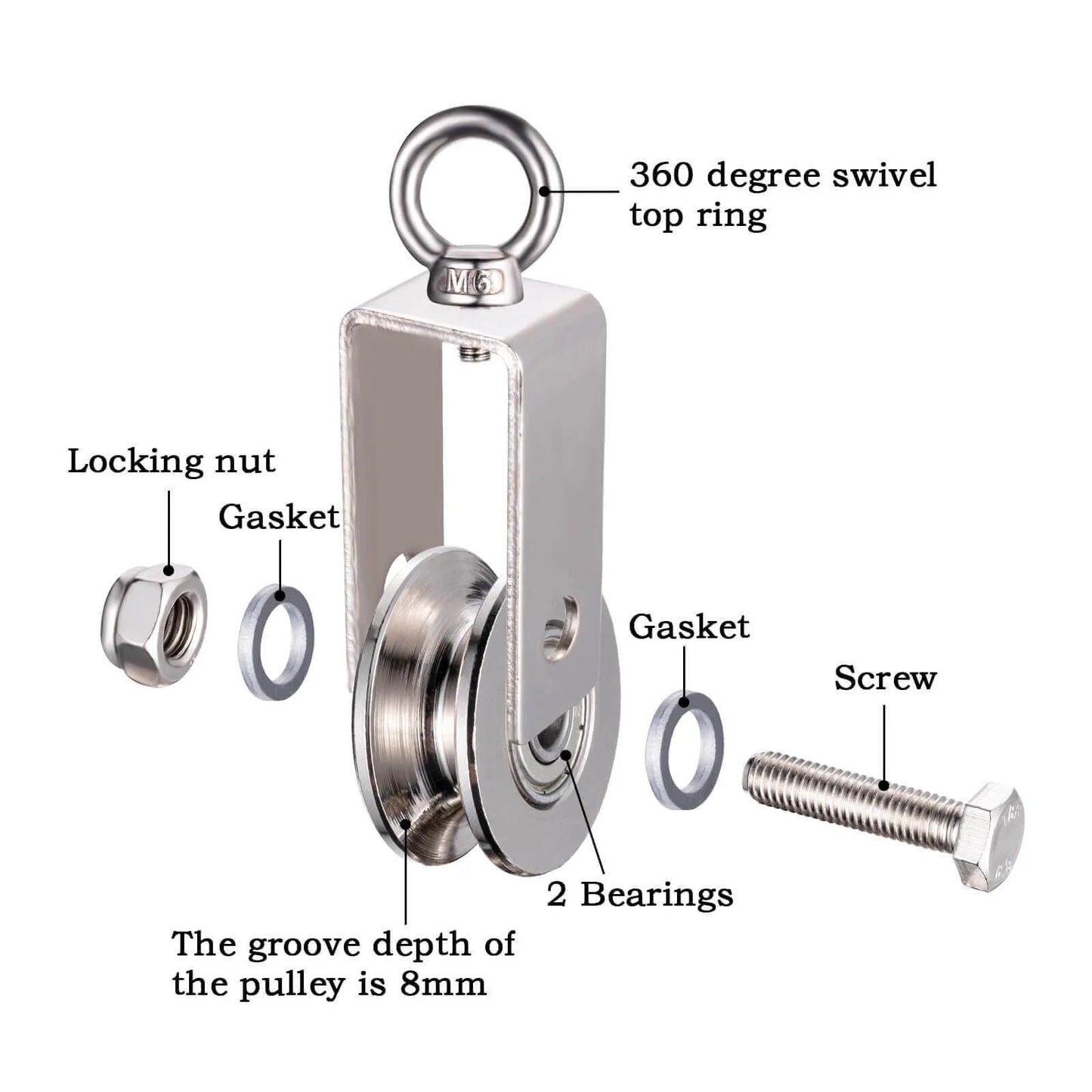 40mm Cable Pulley Wheel, Bearing Inside, Rope Pulley for Pulley System with swivel top ring and dual bearings, assembly components shown