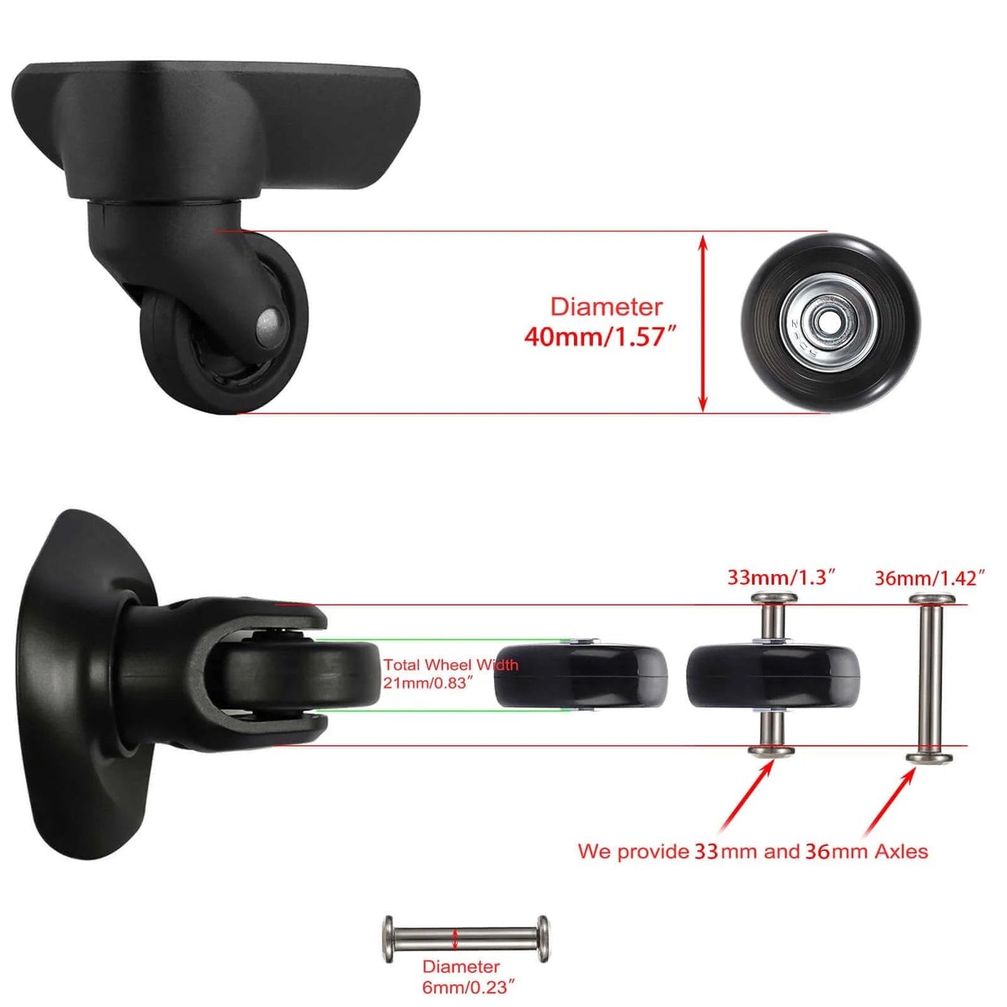 40mm x 18mm Luggage Suitcase Replacement Wheels, Rubber Swivel Caster Wheels Bearings Repair Kits, A Set of 4 shown from various angles
