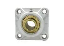 Front view of 40mm set-screw zinc insert with white 4-bolt plastic wide-flange housing, single pillow block unit for shaft support.