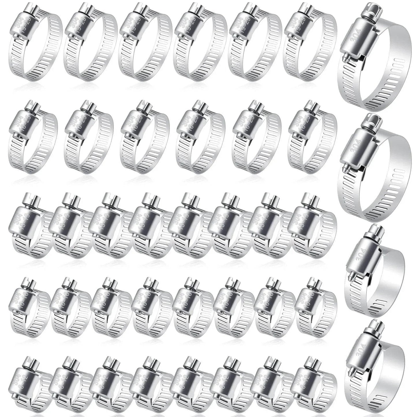 40 Pcs Hose Clamp Set With Seven Size Ranges Adjustable Pipe Tube Clamps Made From Premium 304 Stainless Steel Durable Hose Clamps For Home Garage Garden Lawn Projects and Everyday Repairs, showing all 40 clamps spread out.