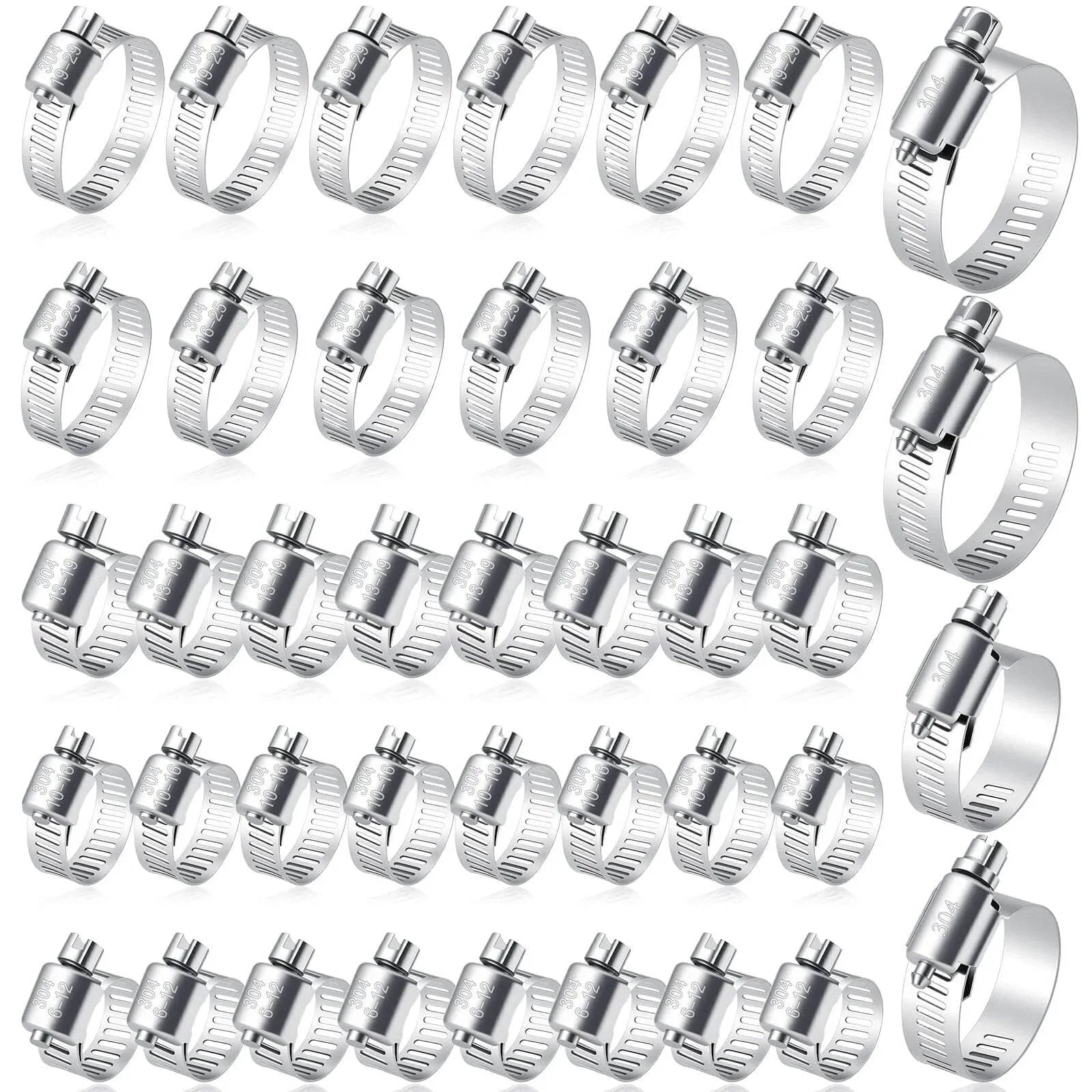 40 Pcs Hose Clamp Set With Seven Size Ranges Adjustable Pipe Tube Clamps Made From Premium 304 Stainless Steel Durable Hose Clamps For Home Garage Garden Lawn Projects and Everyday Repairs, showing all 40 clamps spread out.
