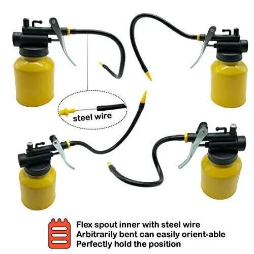 Professional 8 Oz Hand Pump Oil Can With Metal Construction and Long Flexible Spout for Precise Lubrication shown in various orientations
