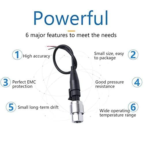 High Accuracy 100 Psi Pressure Transducer Sensor in 316 Stainless Steel with features highlighted, front view