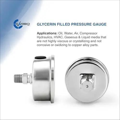 Two And A Half Inch Liquid Filled Pressure Gauge With Stainless Steel Case And Chrome Plated Brass Connection Back Mount NPT 0 To 30 Psi Dual Scale Psi Bar With KPa Guidance ASME B40 1 Grade A Accuracy For Oil Water Air Hydraulics HVAC, side view and back view.