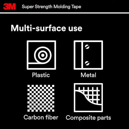 Diagram showing multi-surface use for Super-Strength Molding Tape 1/2 in x 15 ft Single Roll High-Strength Double-Sided Automotive Trim Adhesive