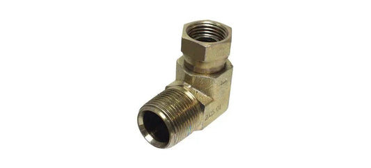 One Half Inch Male Pipe To Three Eighth Inch Female Pipe Swivel 90 Degree Hydraulic Adapter For Plumbing And Hydraulics