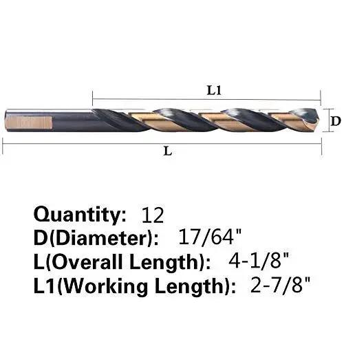 Cobalt Drill Bits Set Of 12 17/64 Inch Black And Gold Coated Twist Drill Bits For Metal M2 High Speed Steel With HRC 62 63 Hardness