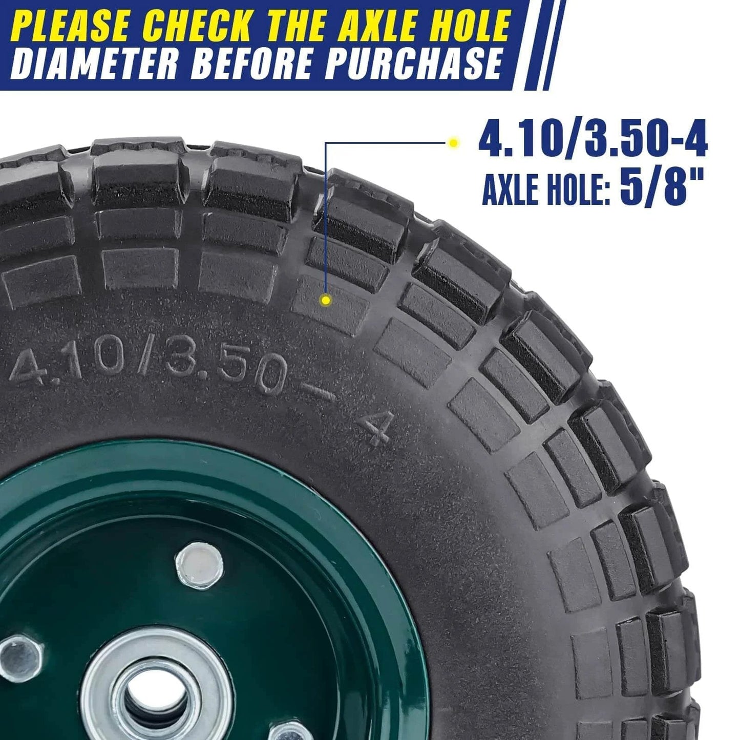 Close-up of a 2 pcs 10" flat free tires solid pneumatic tires wheels, 4.10/3.50-4 air less tires, 5/8" center bearings.