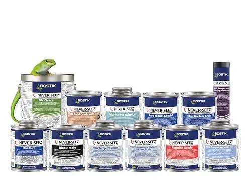 Various products including Nickel Based Anti Seize Lubricant For Extreme Temperature Protection On Steel And Stainless Steel And Metals 8 Oz Brush Top Can Copper Free Graphite In Lithium Soap Heavy Duty High Temperature Corrosion And Galling Protection For Machinery Never Seez are displayed.