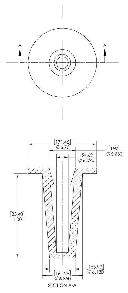 Technical drawing of T Series Red LDPE Tapered Cap And Plug Pack, showing dimensions, Cap OD 6.09 In, Plug ID 6.35 In by Caplugs