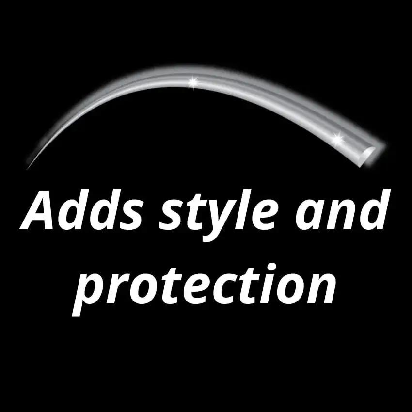 Universal Vehicle Body Molding Trim One Half Inch Wide 18 Feet Chrome Finish UV with text "Adds style and protection"