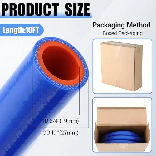 Three Quarter Inch Silicone Heater Hose 10 Foot Roll Blue Heavy Duty Reinforced With Polyester Braiding For Vehicle Cooling Systems Built To Handle High Temperature 171 PSI Rupture Resistance Durable Coolant Water And Gas Transfer Hose, shown coiled with packaging.