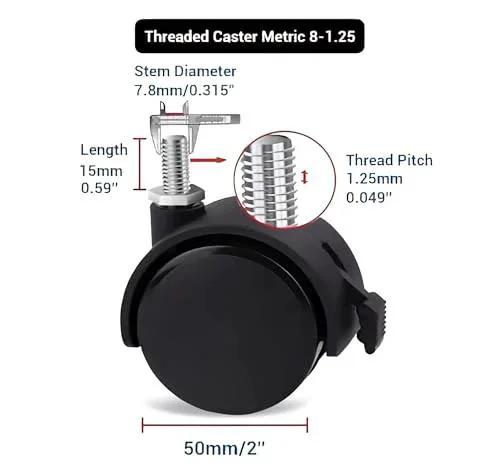 Threaded Caster Set Of 4 M8 X 1.25 Swivel Stem Office Chair Wheels With Locking Brake, close-up of wheel dimensions and features