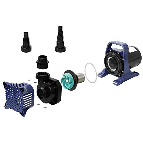 Powerful Submersible Pond Pump With 6550 GPH And Quiet 456W Motor 33 Foot Cord And Adapters 26 Foot Lift components displayed