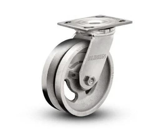 4 Inch By 2 Inch V Groove Swivel Caster Wheel With Roller Bearings, Heavy Duty 800 Pound Load Capacity, Zinc Finish, Four And A Half Inch Plate, Five And Five Eighths Inch Overall Height, Built For Dollies Waste Disposal Trucks And Warehouse Carts