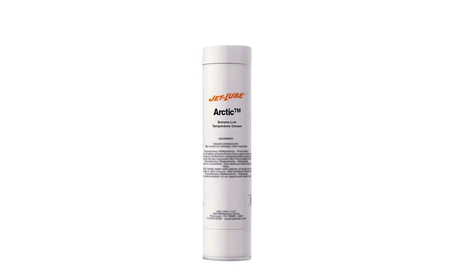 Front view of Arctic Extreme Low Temperature Grease For Industrial And Military Grade Applications With NLGI Number Two Calcium Soap Pumpable Water Resistant Rust And Corrosion Inhibitors Extreme Cold Stability 14 Oz Jet Lube tube.