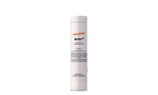 Front view of Arctic Extreme Low Temperature Grease For Industrial And Military Grade Applications With NLGI Number Two Calcium Soap Pumpable Water Resistant Rust And Corrosion Inhibitors Extreme Cold Stability 14 Oz Jet Lube tube.