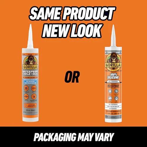 All Purpose Silicone Sealant For Indoor Outdoor Use 100 Percent Waterproof 10 Oz Cartridge Clear Fast Cure In 30 Minutes DIY Friendly Home Repair Must Have For Showers Sinks Windows Doors Gutters And Vents Gorilla Brand image showing two packaging options.