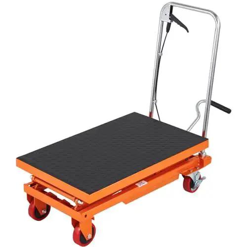 Manual Hydraulic Lift Table Cart 330lb Capacity 50in Lift With 4 Wheels, side view showing orange platform and handlebar.