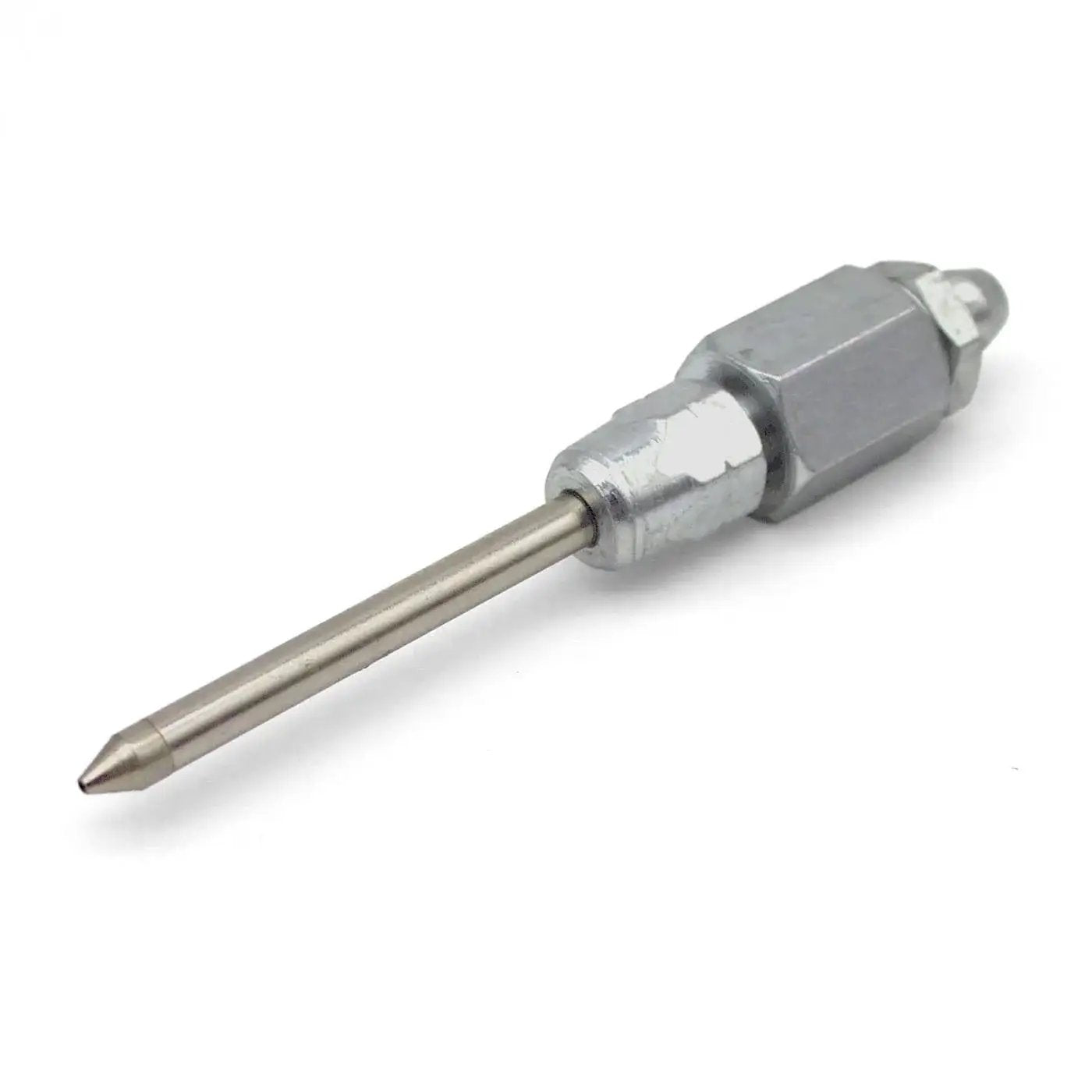 Narrow Needle Dispenser For Grease Guns With Extra Reach And Snap On Jaw Type Coupler, perfect for tight spaces and hard to reach fittings.