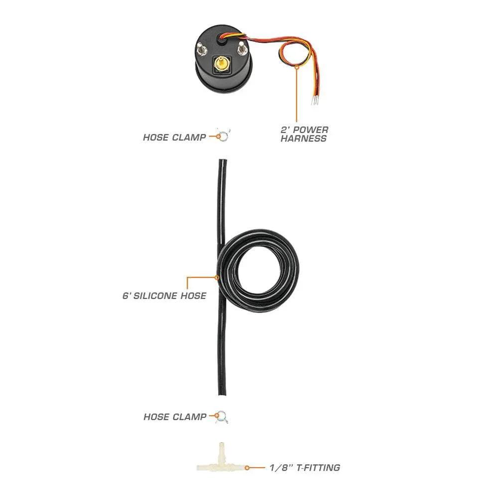 Tinted 7 Color 30 PSI Turbo Boost And Vacuum Gauge Kit With Mechanical Hose T Fitting And Wiring components layout