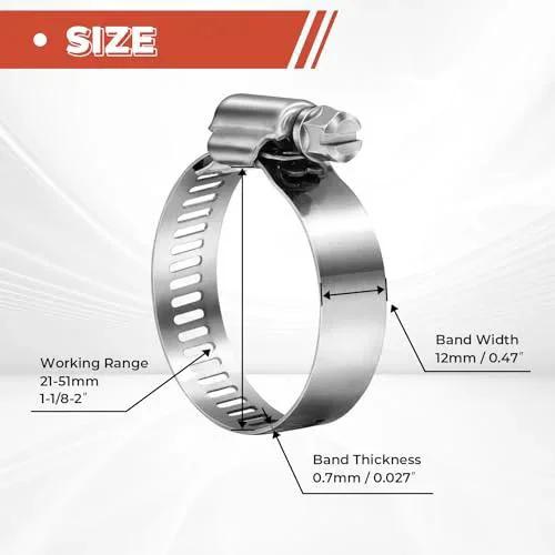 24 Pack 1 1/8 To 2 Inch Worm Gear Hose Clamps Adjustable Range 27-51mm 304 Stainless Steel Durable Corrosion Resistant Hose Clamps For Pipe Plumbing Automotive Marine Industrial Applications And Mechanical Equipment displayed with size measurements.