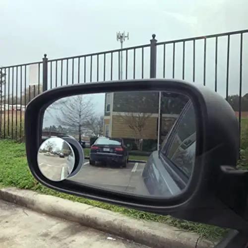Blind Spot Mirror 2 Inch Round HD Glass Frameless Convex Rear View Mirror Pack Of 2 For Side Mirrors No-Fuss 360 Degree Adjustable Clear Wide Angle Easy Install installed on a side mirror, showing lane view.