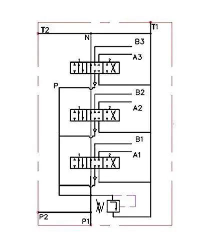 Diagram of Open Center Monoblock Hydraulic Directional Control Valve With One Spool, 21 GPM, 3625 PSI Max, SAE Ports