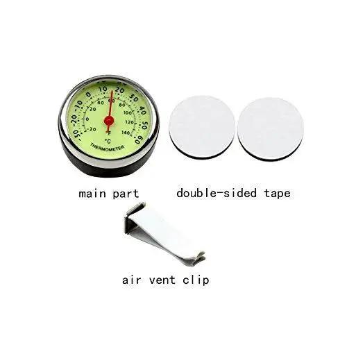 Compact Car Dashboard Thermometer with Night Glow Clip for Air Vent, showing thermometer, vent clip, and double-sided tape