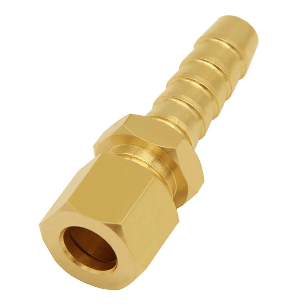 Brass Fuel Line Adapter Kit Three Eighths Inch Compression Tube To Three Eighths Inch Hose Barb Fitting For Transmission Cooler Line Corrosion Resistant Durable Brass Construction Leak Free, front view