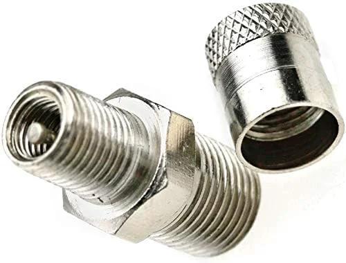 Two Pack Schrader Tank Valve 1/8 Inch BSPT Thread, 25mm Port, metallic finish, front and side view of valves with cap removed