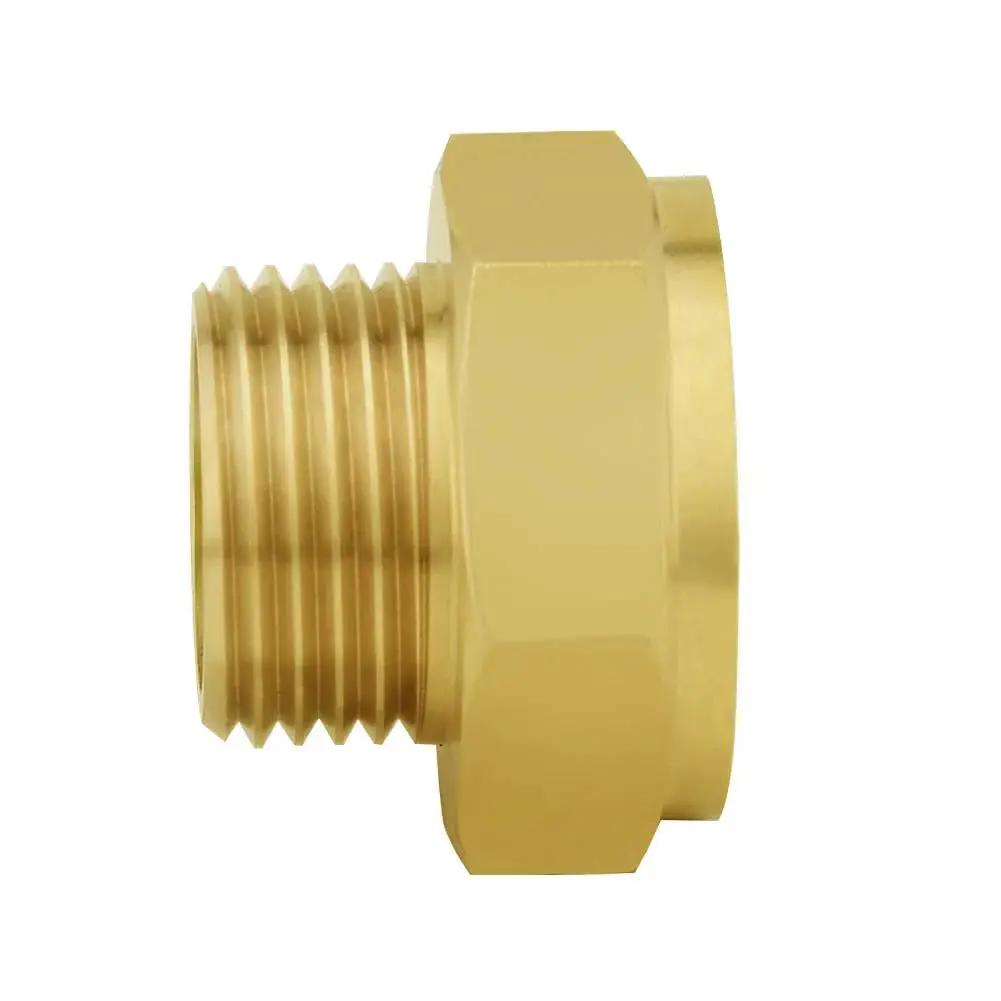 Side view of heavy duty brass garden hose adapter 1 inch NPSH female to 3/4 inch GHT male, corrosion-resistant, Joywayus brass fitting