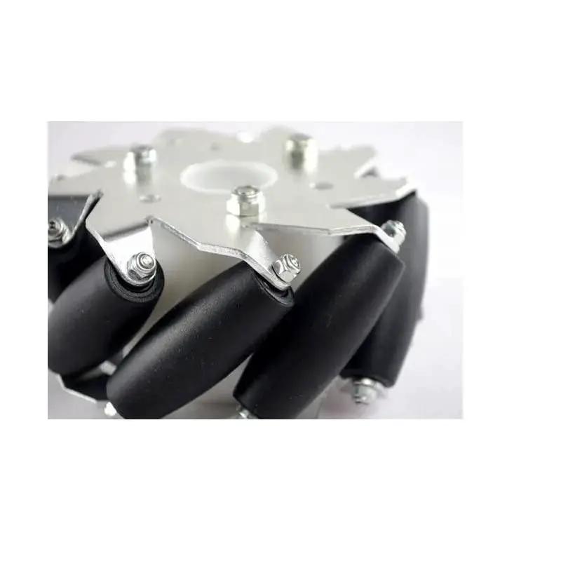 Close-up of 4 Inch 100mm Right Mecanum Wheel for RC Cars showing omnidirectional rollers and metal frame, Model 14161, assembled.