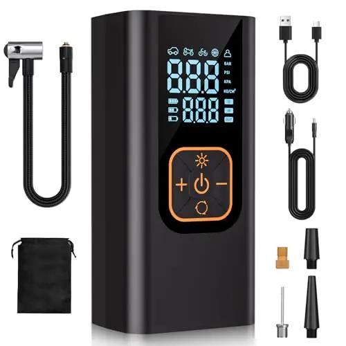 Tire Inflator Portable Air Compressor That Delivers 6X Faster Inflation to 180 PSI Electric Car Tire Pump With Pressure Gauge for Car Tires Obsidian Black, showing the device with cables and accessories.