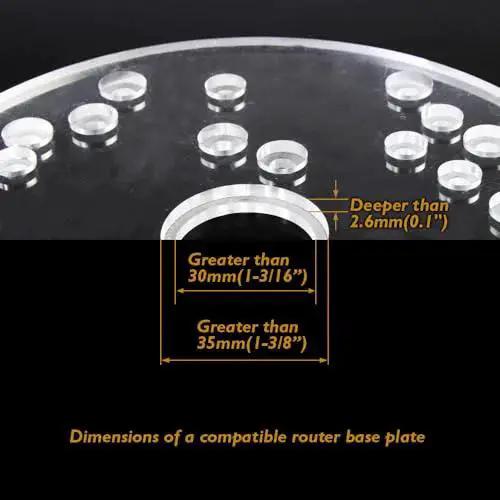 Dimensions of compatible router base plate for Brass Router Template Bushing Set 10 Piece With 8 Guide Bushings And 2 Lock Nuts