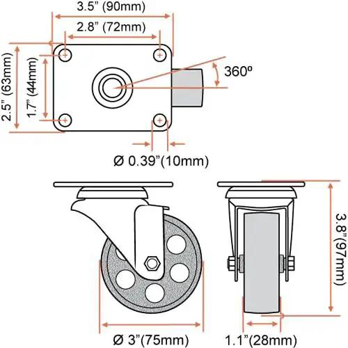 Dimensions and design of All Black Four Pack Metal Swivel Plate Caster Wheels With Brake Lock Heavy Duty High Gauge Steel 3 Inch Casters