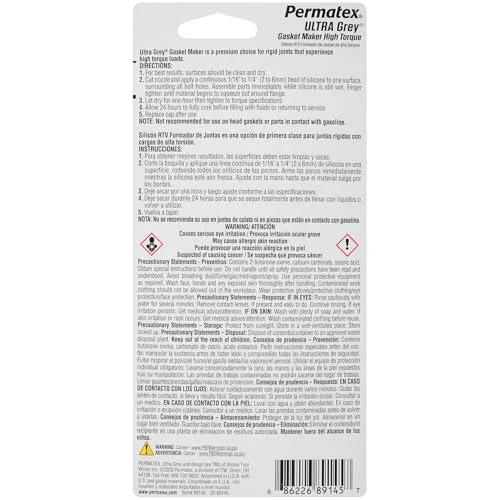 Back view of High-Torque RTV Silicone Gasket Maker packaging showing instructions and warnings, 3.5 Oz Permatex