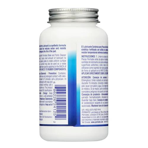 Side view of Ceramic Extreme Brake Parts Lubricant For Disc And Drum Systems, 8 Oz From Permatex bottle showing label and instructions.