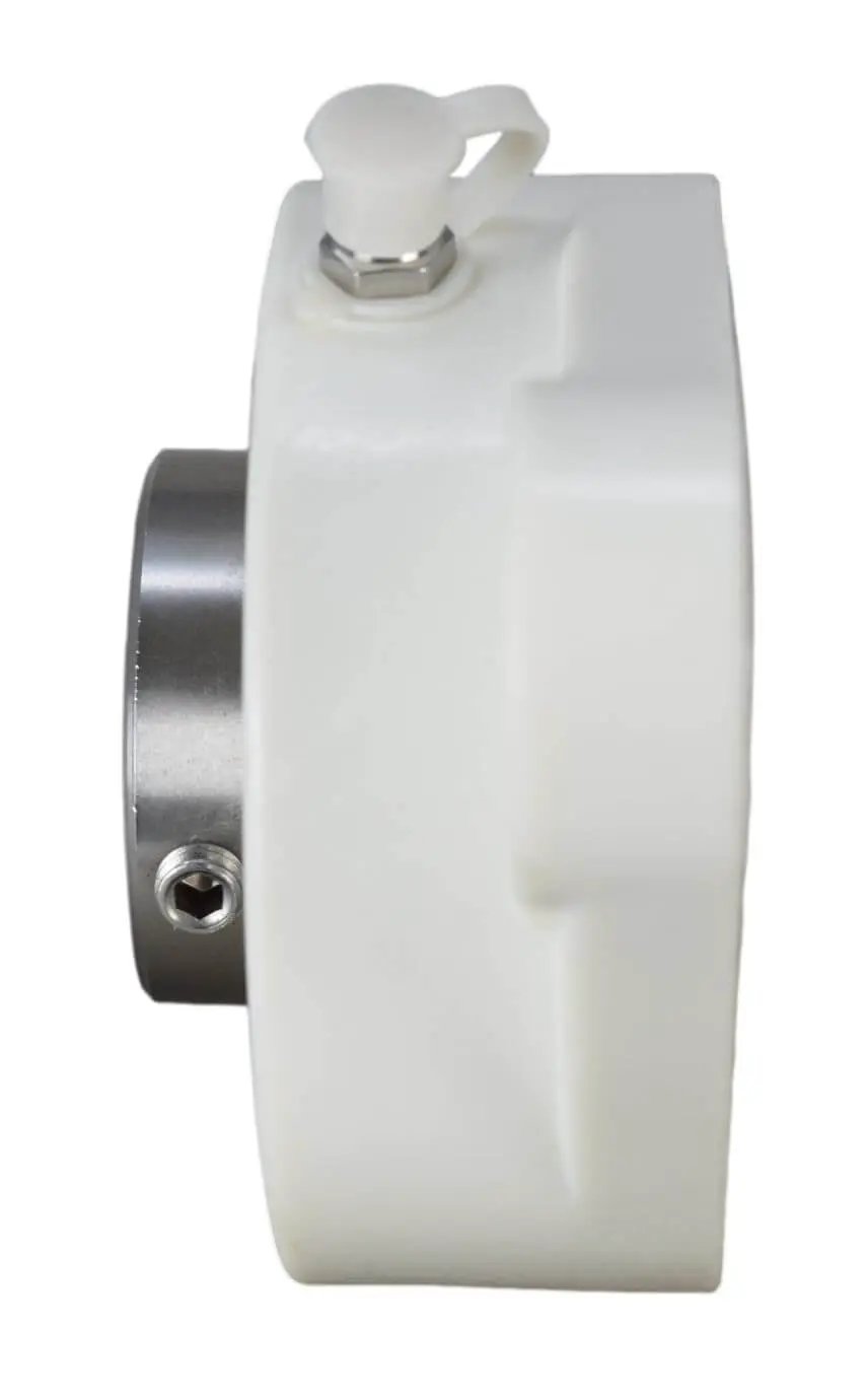 Side view of 1-1/4 Inch Stainless Steel Thermoplastic Two-Bolt Flange Bearing With Two Set Screws Plastic Housing And Grease Zerk Shaft