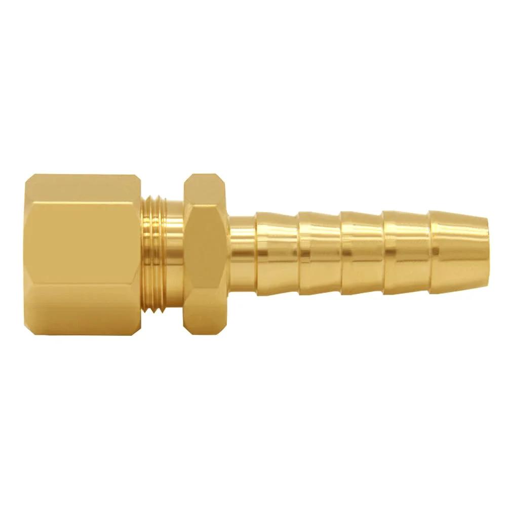 Side view of Brass Fuel Line Adapter Kit Three Eighths Inch Compression Tube To Three Eighths Inch Hose Barb Fitting For Transmission Cooler Line