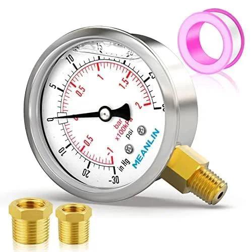 Stainless Steel Liquid Filled Vacuum And Pressure Gauge With Two And A Half Inch Dial, Lower Mount, One Quarter Inch NPT Inlet, Minus Thirty Inches Mercury To Plus Thirty Psi, Includes One Half Inch And Three Eighth Inch NPT Hex Bushings, shown with accessories.