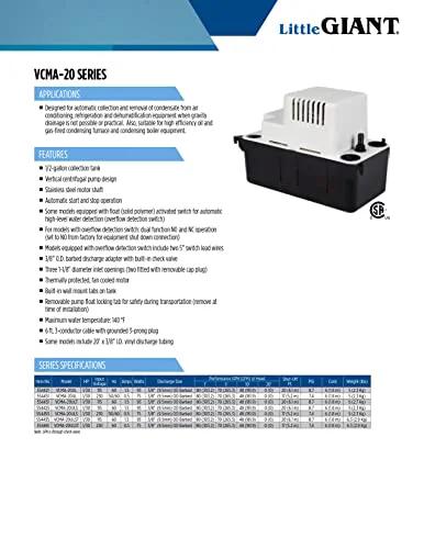 Automatic Condensate Removal Pump for HVAC Refrigeration and Dehumidifiers With Overflow Detection Switch No Fuss VCMA 20ULST