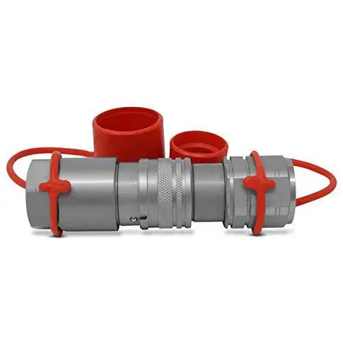 Flat Face Quick Connect Couplers For Skid Steer Half Inch NPT Thread High Flow Two Sets With Dust Caps shown with red caps